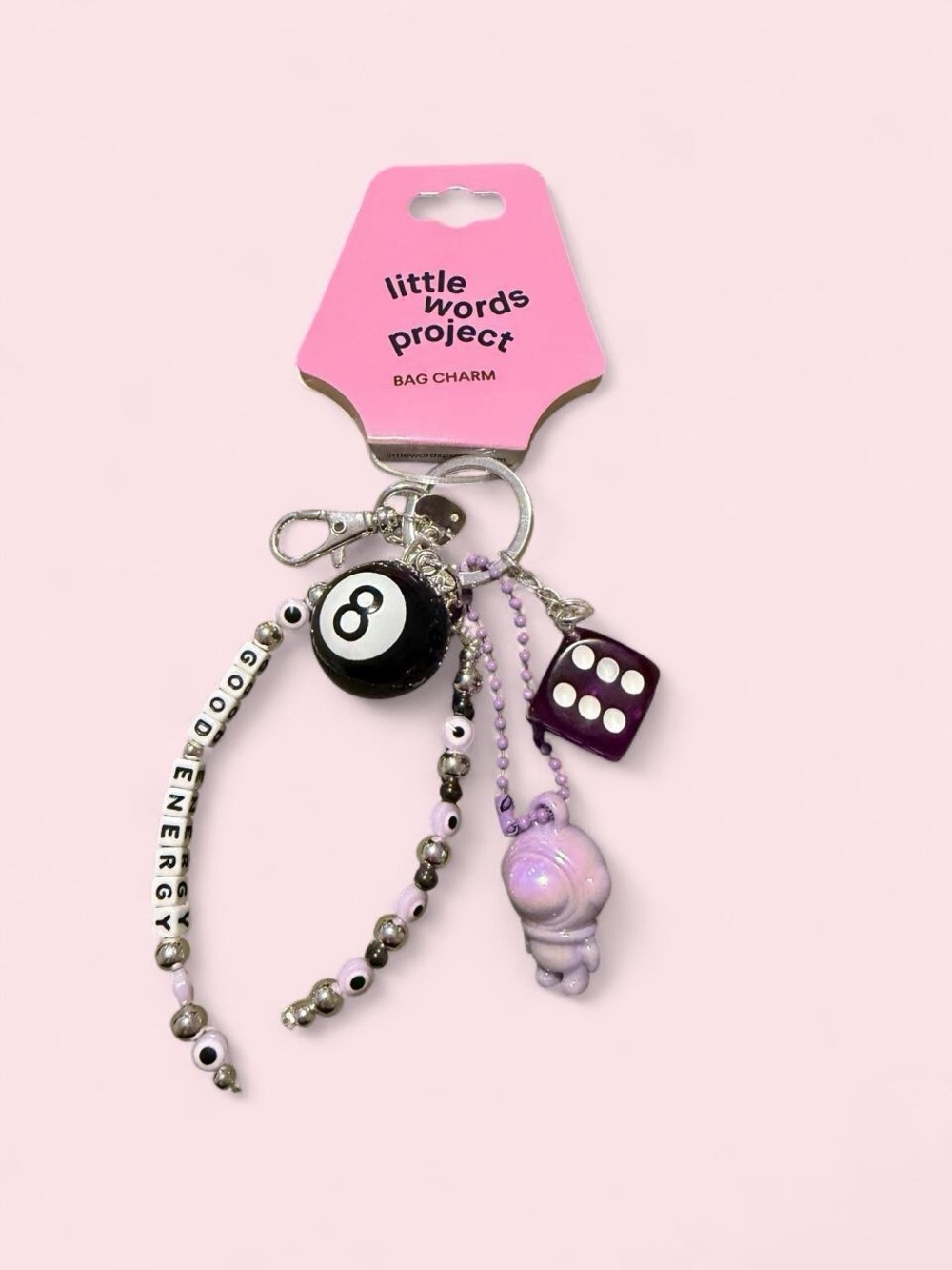 Little Words Project Purple Beaded Bag Charm Keychain - good energy